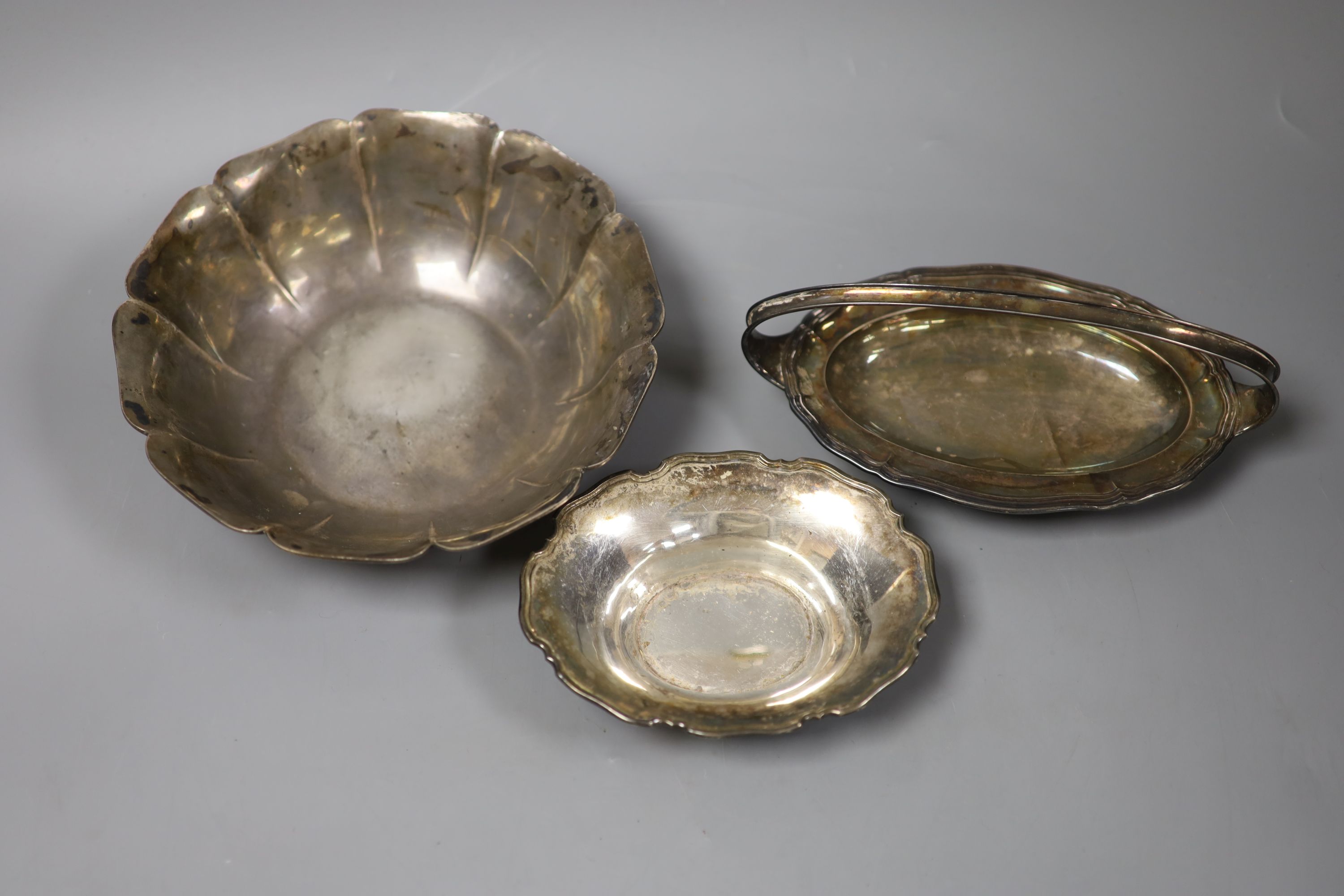 A sterling bowl, two sterling dishes and one other dish